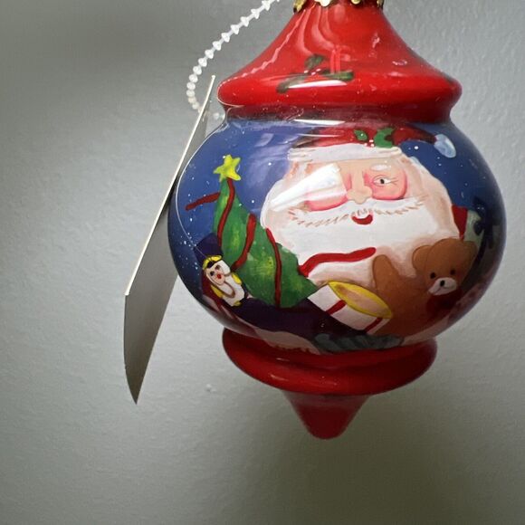 Santa Reverse Inside Hand Painted Glass Ornament in Box Finial Shape - Picture 1 of 4
